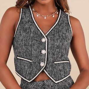 Lulus Poised Decision Black Tweed Lurex Contrast Trim Vest - Size S